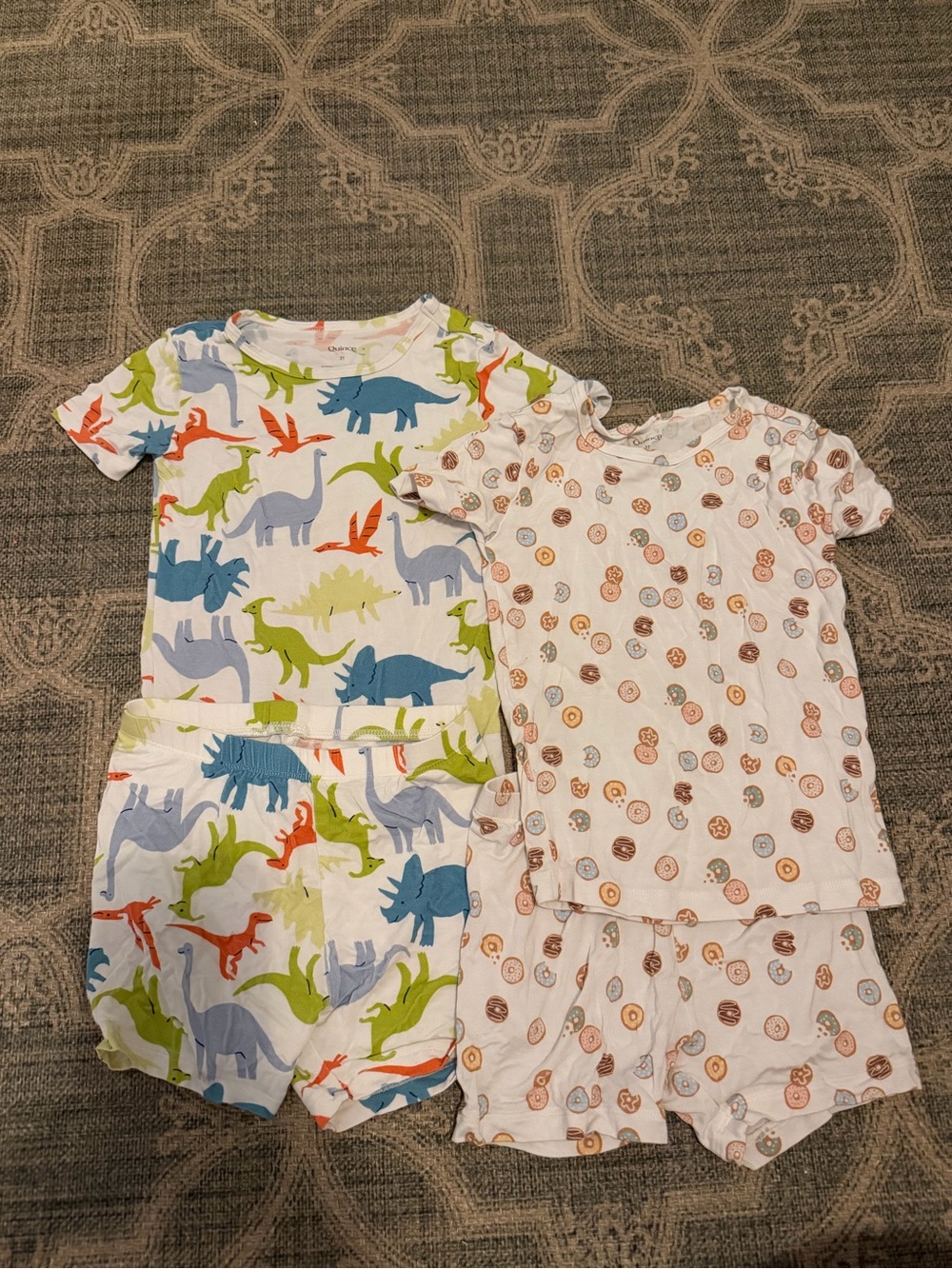 Quince Kids' White Dinosaur and Donuts Print Pajama Sets - Short Sleeve & Shorts